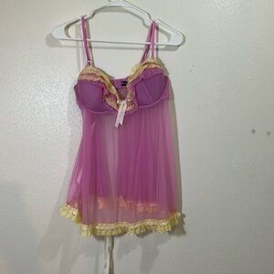 Cassandra Intimates sleepwear. Pink sheer padded bra top with cream lace. M